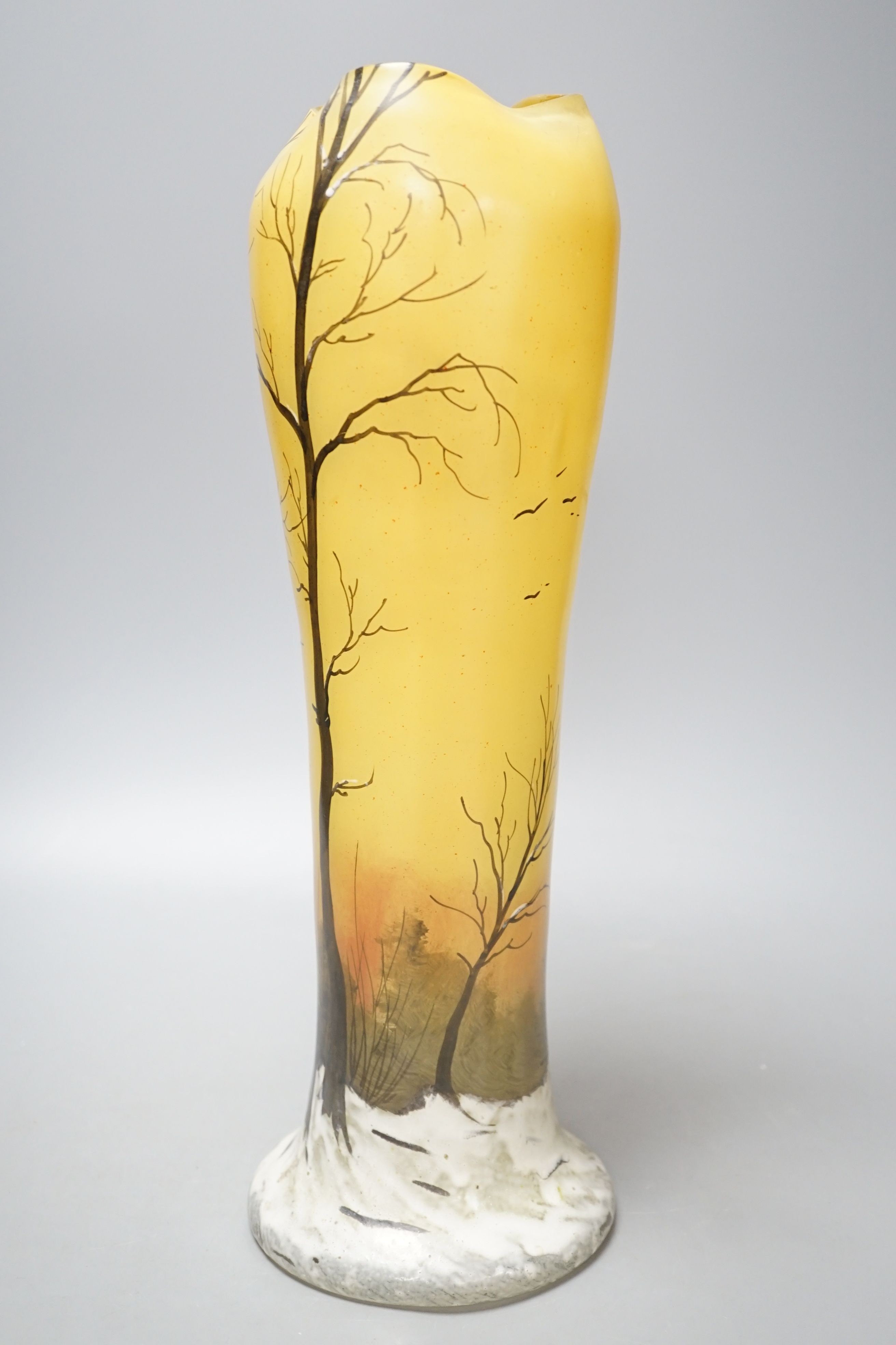 A large early 20th century Legras ‘winter landscape’ enamelled glass vase - 40cm tall